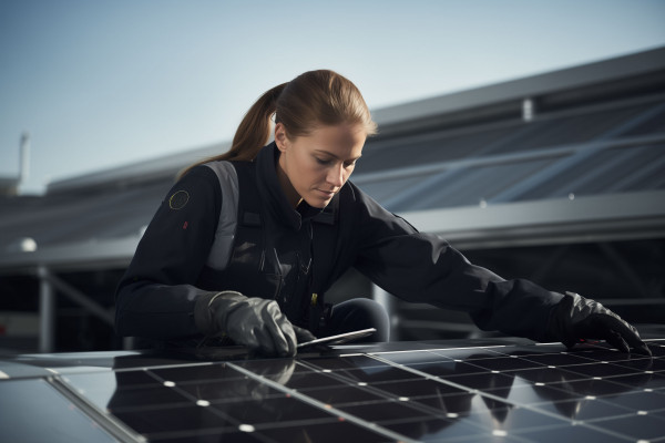 A female EV technician installing solar panels on a rooftop