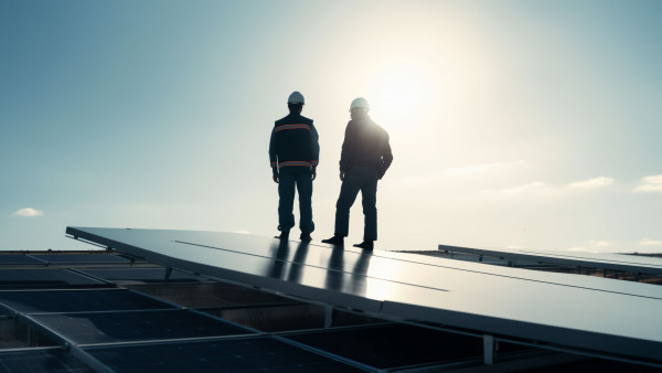 Two engineers standing atop a photovoltaic system